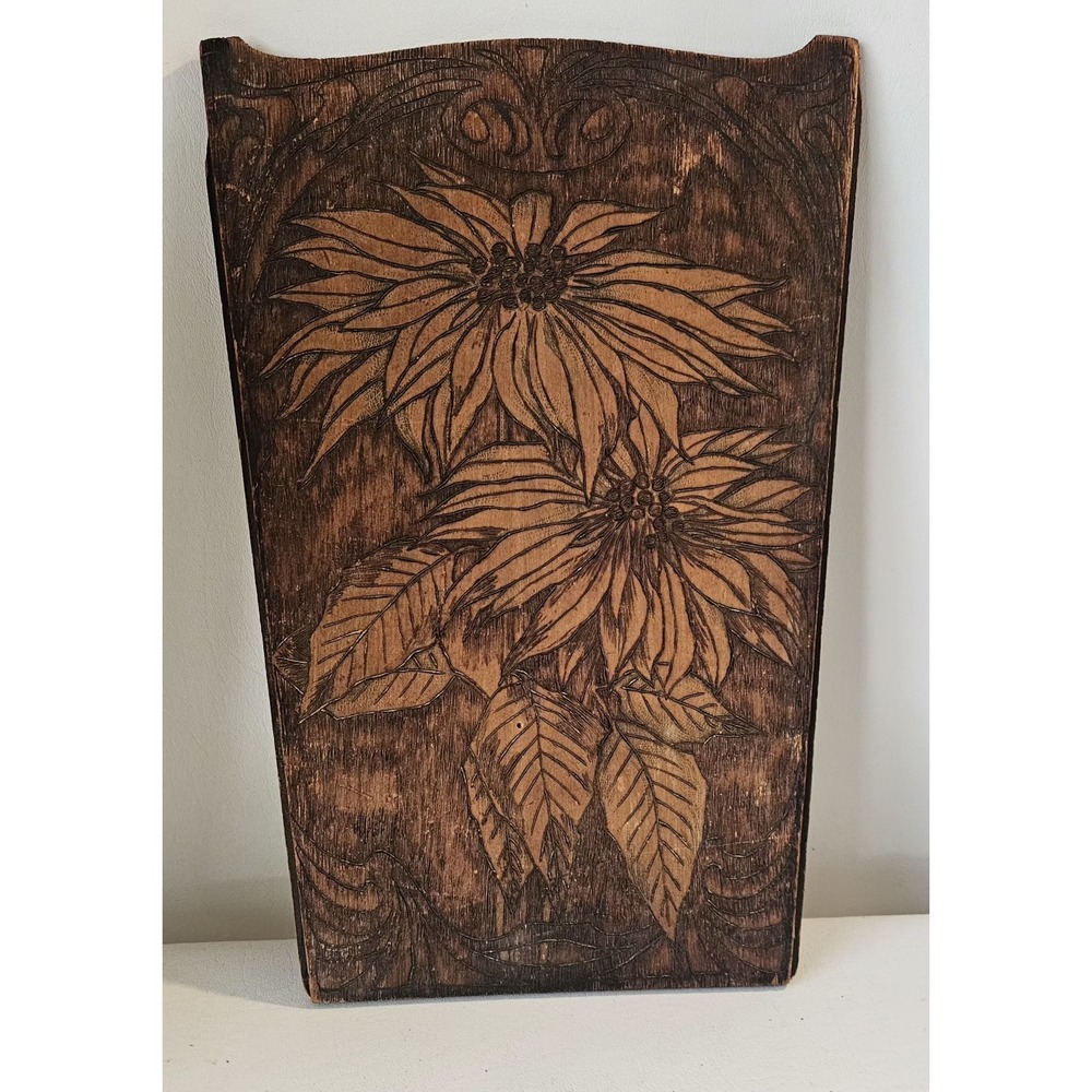 Vintage Large 15" Wood Carved Poinsittia Flower Pyrography Tray